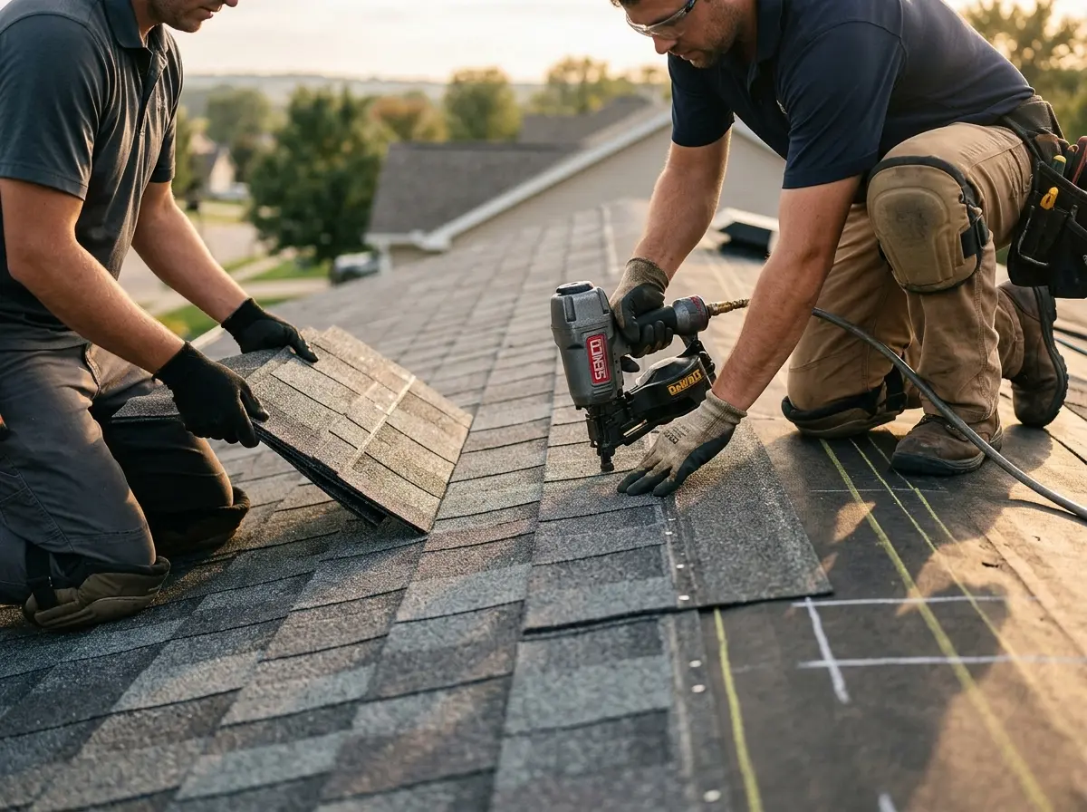 Professional roofer working on a residential roof in Manalapan